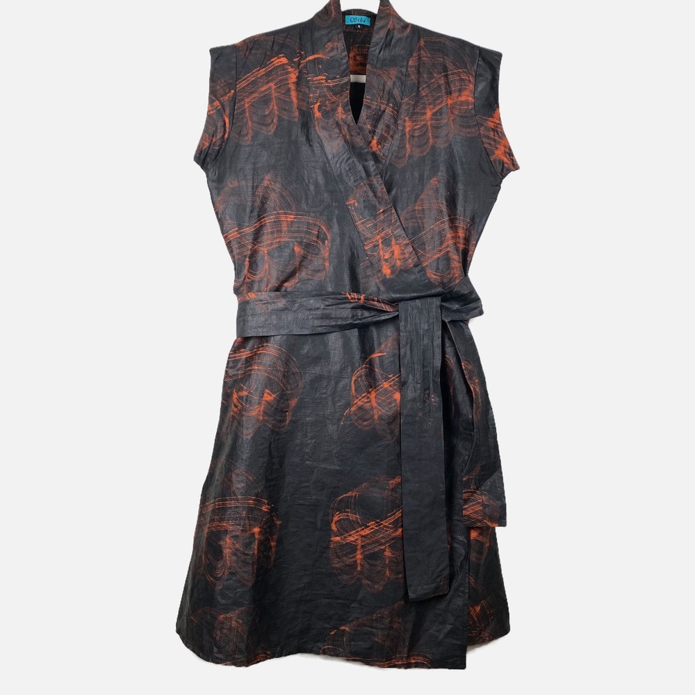 Sika Black Wrap Dress Cotton Batik Print, Sleeveless Kimono Style UK Size 5